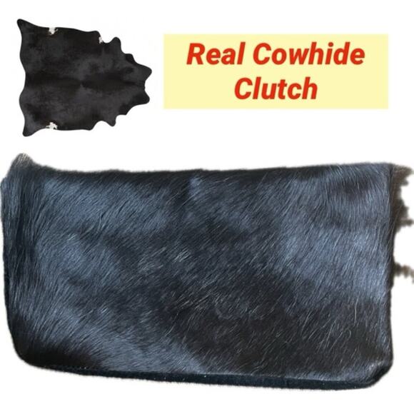 VTG GENUINE COWHIDE CLUTCH BAG FLAP BLACK WESTERN BOHEMIAN FRINGE RARE VERSATILE - Picture 1 of 16